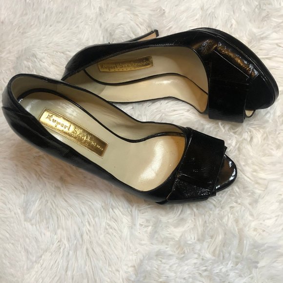RUPERT SANDERSON BLACK OPEN TOE PATENT LEATHER  PUMPS SHOES  7 - Picture 3 of 9